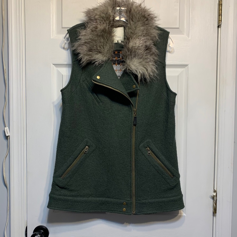 Elevenses Anthropologie Vest Medium Green Wool Faux Fur Crochet Moto Boho Fall